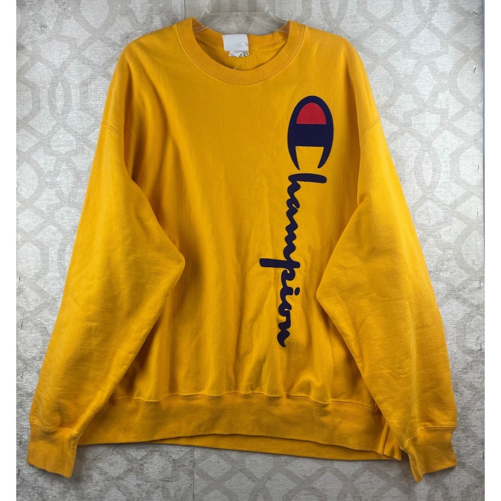 Champion Reverse Weave Mens 3XL Gold Yellow Vertical Script Logo Sweatshirt GF70